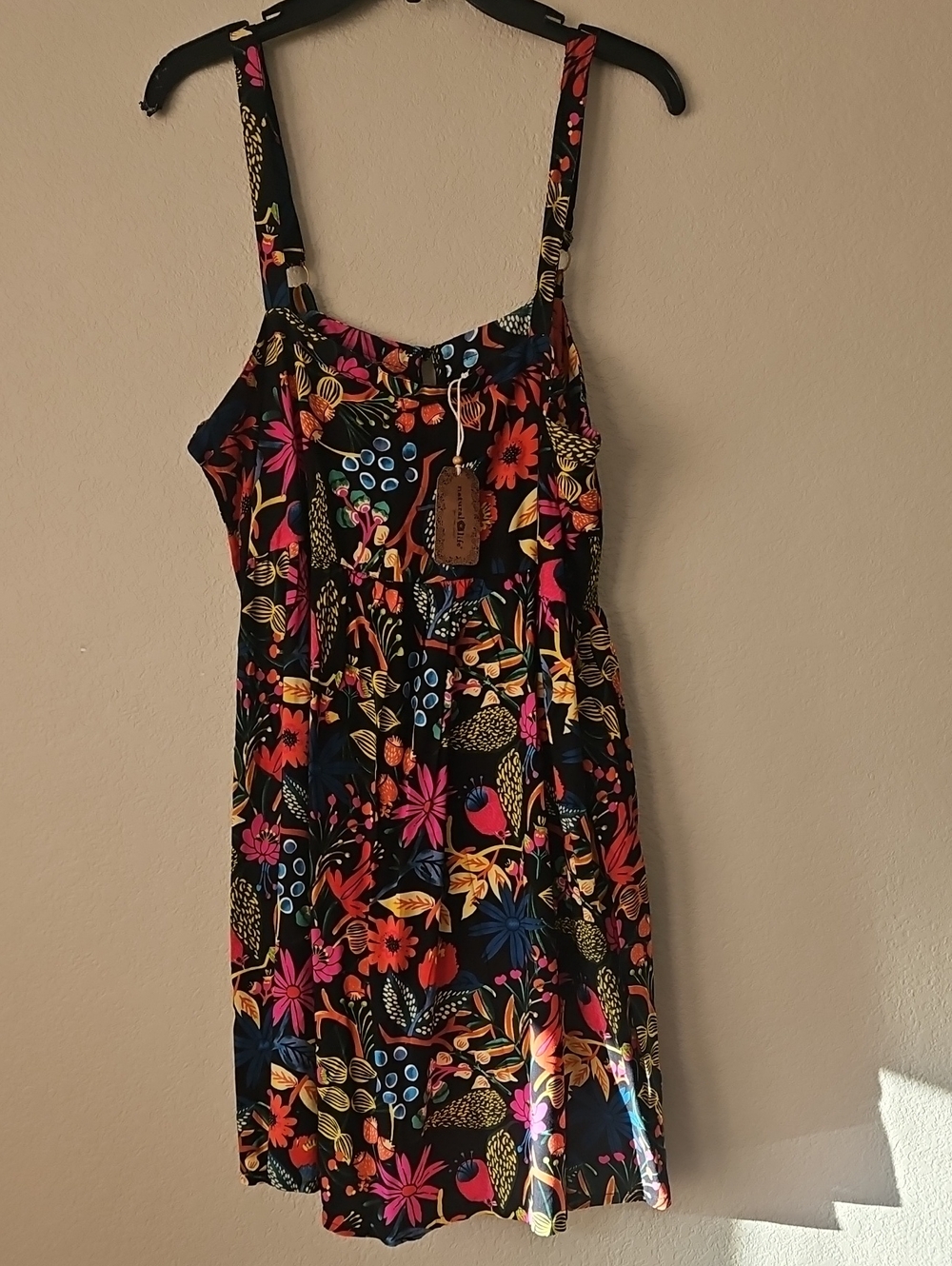 NWT NATURAL LIFE Black Floral Strappy Mini Dress with Multicolor Print Large